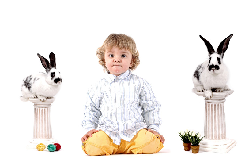 Frohe Ostern - Bildinhalt: Auf dem Bild ist ein kleiner sitzender Junge mit zwei Hasen, welche auf Steinsäulen sitzen, sowie zwei kleine Osterpflanzen und drei Ostereier zu sehen.