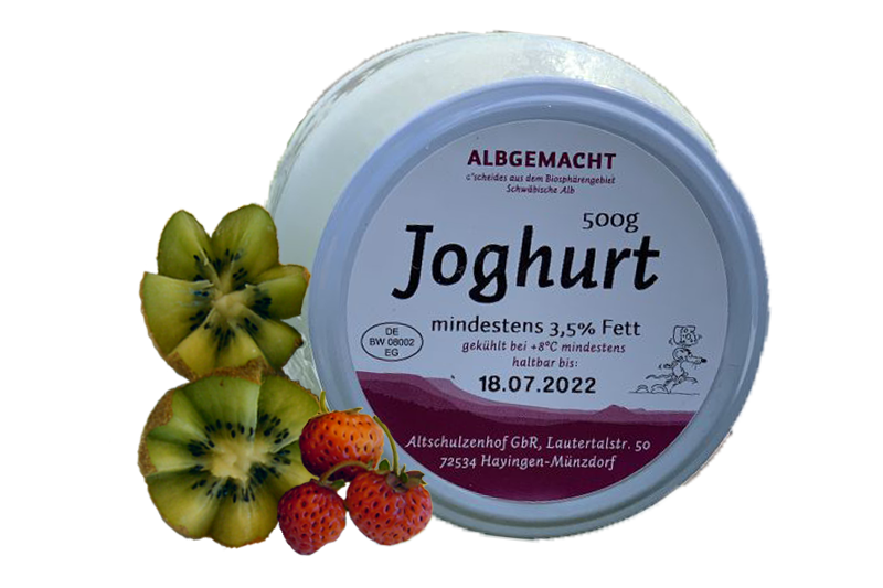 Ein Joghurtglas gefüllt mit Naturjoghurt, dazu als Deko Kiwis und Erdbeeren.